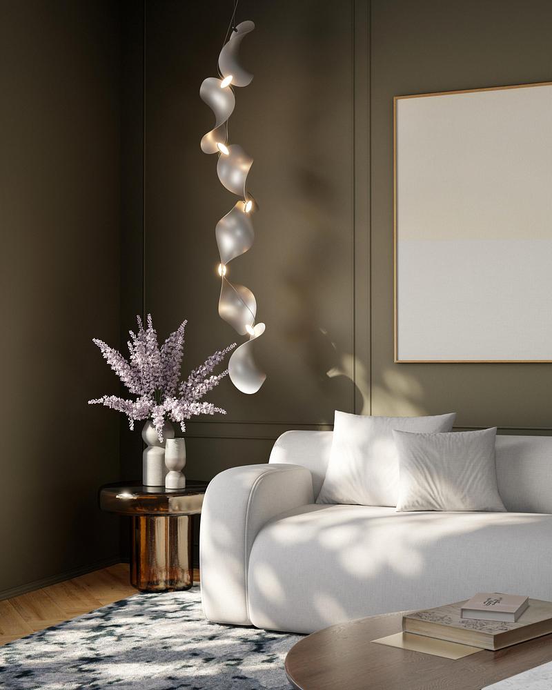 Dossier de presse | 7852-01 - Communiqué de presse | Dune Modular Pendant Luminaire - MOSS Objects - Design d’éclairage - Dune 6 Vertical Line, silver anodized - Crédit photo : MOSS Objects
