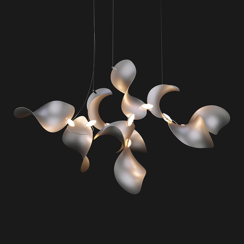 Dossier de presse | 7852-01 - Communiqué de presse | Dune Modular Pendant Luminaire - MOSS Objects - Design d’éclairage - Dune 10 Cluster, silver anodized - Crédit photo : MOSS Objects