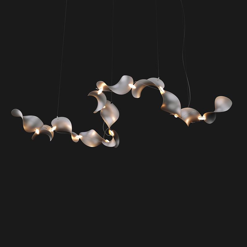 Dossier de presse | 7852-01 - Communiqué de presse | Dune Modular Pendant Luminaire - MOSS Objects - Design d’éclairage - Dune 12 Curve, silver anodized - Crédit photo : MOSS Objects