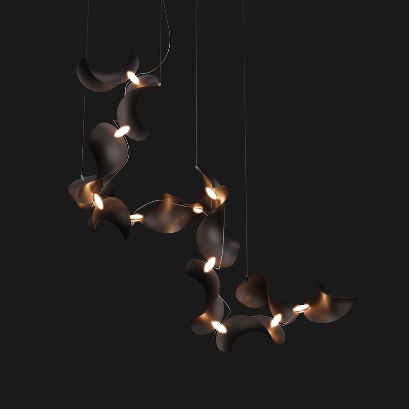 Dossier de presse | 7852-01 - Communiqué de presse | Dune Modular Pendant Luminaire - MOSS Objects - Design d’éclairage - Dune 12 Spiral, dark bronze tone - Crédit photo : MOSS Objects