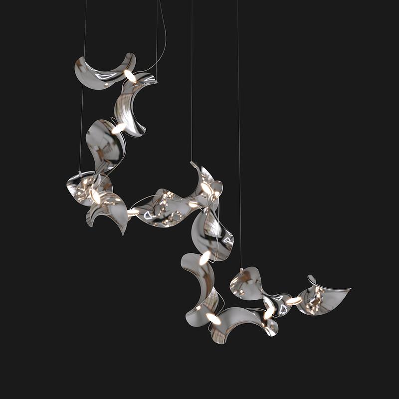 Dossier de presse | 7852-01 - Communiqué de presse | Dune Modular Pendant Luminaire - MOSS Objects - Design d’éclairage - Dune 12 Spiral, polished aluminium - Crédit photo : MOSS Objects