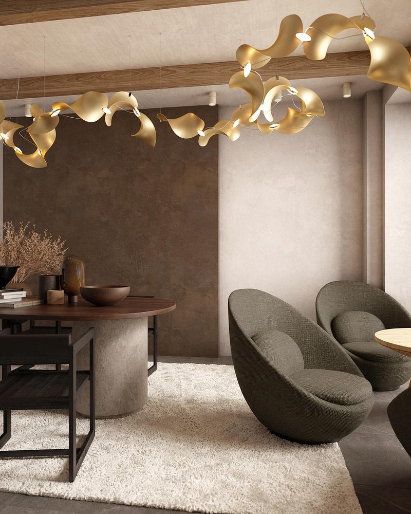 Dossier de presse | 7852-01 - Communiqué de presse | Dune Modular Pendant Luminaire - MOSS Objects - Design d’éclairage - Dune Curve, gold tone - Crédit photo : MOSS Objects