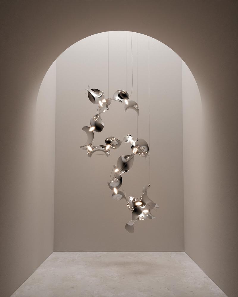 Dossier de presse | 7852-01 - Communiqué de presse | Dune Modular Pendant Luminaire - MOSS Objects - Design d’éclairage - Dune 16 Spiral, silver polished - Crédit photo : MOSS Objects