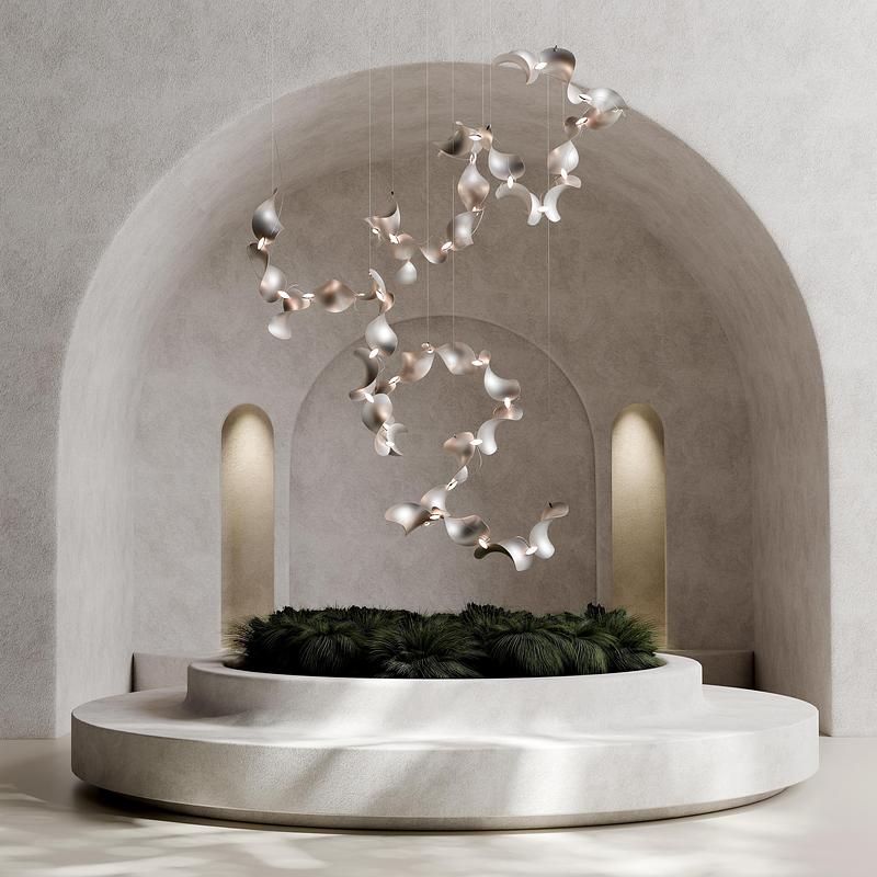 Dossier de presse | 7852-01 - Communiqué de presse | Dune Modular Pendant Luminaire - MOSS Objects - Design d’éclairage - Dune 16 Spiral + 20 Spiral composition - Crédit photo : MOSS Objects