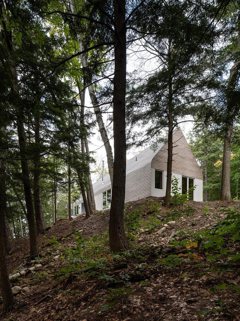 Press kit | 2682-03 - Press release | DogTrot Magnetawan - Williamson Williamson inc - Residential Architecture - Looking up the hill to the south elevation and the lake-side face of the cottage. - Photo credit: Scott Norsworthy