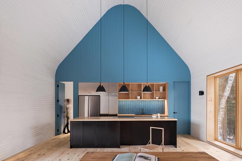 Press kit | 2682-03 - Press release | DogTrot Magnetawan - Williamson Williamson inc - Residential Architecture - <p class="">The kitchen is inset into one of the gable walls in the cottage. The blue Fireclay Tile backsplash matches the blue painted timber cladding. 4” white prefinished lapped siding clads the interior walls and gable in a continuous surface. </p> - Photo credit: Scott Norsworthy