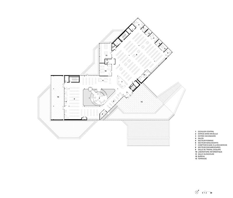 Dossier de presse | 2263-11 - Communiqué de presse | La Bibliothèque L'Octogone : un pôle civique réinventé - Anne Carrier Architectes - Architecture institutionnelle - Plan niveau 2 - Crédit photo : ACA