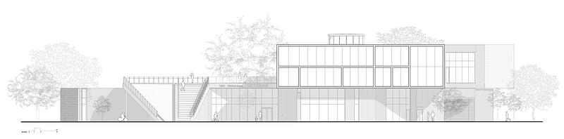 Dossier de presse | 2263-11 - Communiqué de presse | La Bibliothèque L'Octogone : un pôle civique réinventé - Anne Carrier Architectes - Architecture institutionnelle - Élévation Nord - Crédit photo : ACA
