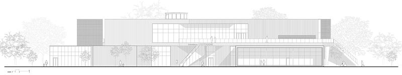 Dossier de presse | 2263-11 - Communiqué de presse | La Bibliothèque L'Octogone : un pôle civique réinventé - Anne Carrier Architectes - Architecture institutionnelle - Élévation Sud-Est - Crédit photo : ACA