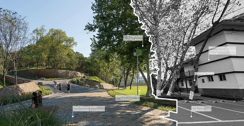 Dossier de presse | 7740-02 - Communiqué de presse | Xiaoxita Forest Park - HID Landscape Architecture - Architecture de paysage - Demolition of the abandoned pump house and retreat of the hardened parking lot a proactive transformation of ecological infrastructure - Crédit photo : HID