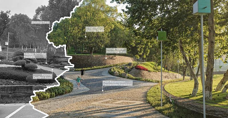 Dossier de presse | 7740-02 - Communiqué de presse | Xiaoxita Forest Park - HID Landscape Architecture - Architecture de paysage - The original plastic rockery was replaced with retaining walls built from local stone - Crédit photo : HID