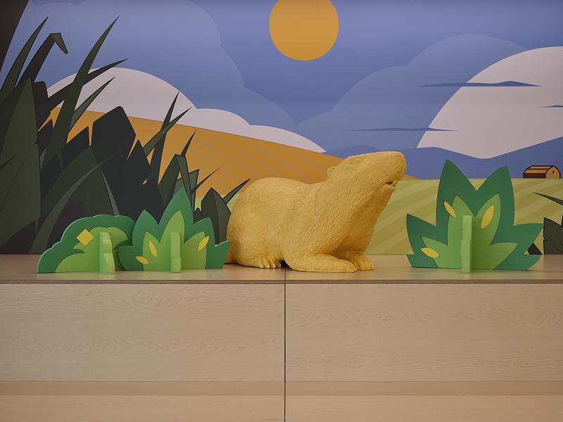 Press kit | 1299-15 - Press release | Externat Sacré-Cœur: When Design Becomes a Teaching Tool - Taktik design - Institutional Architecture - Detail of the artworks and the yellow groundhog, mascot of the school. - Photo credit: Maxime Brouillet