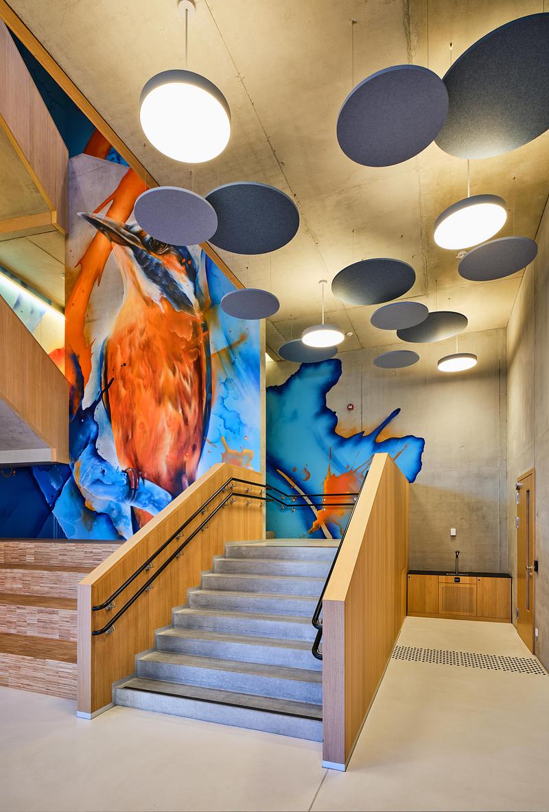 Press kit | 6515-05 - Press release | Ecole Brouch: Primary School - JSWD + Jim Clemes Ass. - Institutional Architecture - Artwork of the Stairwell: Daniel Mac Lloyd - Photo credit: Andres Lejona