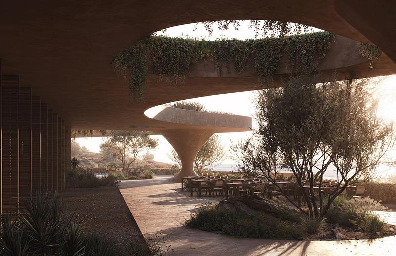 Dossier de presse | 7372-02 - Communiqué de presse | Aristides Dallas Architects receives the 2026 Architizer A+Award for Shared Ground, a contemporary interpretation of the Greek village - ARISTIDES DALLAS ARCHITECTS - Architecture résidentielle - The restaurant becomes the social heart of the village, extending everyday life into the landscape.<br> - Crédit photo :  KONSTANTINOS TSILIVIS<br><br><br><br><br><br><br><br><br><br> 