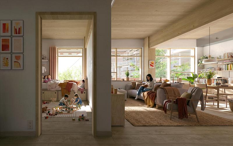 Dossier de presse | 2995-01 - Communiqué de presse | Une nouvelle étude de Perkins&Will offre une solution de logements en bois massif pour répondre à la crise du logement au Canada - Perkins&Will - Architecture résidentielle - <p class="">Le système est conçu pour offrir des logements pour les familles, adaptables et évolutifs.</p> - Crédit photo : Aesthetica Studio avec l’aimable autorisation de Perkins&amp;Will