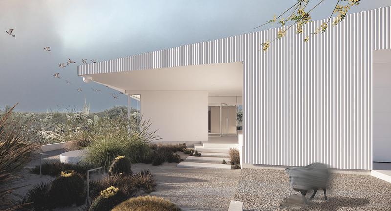 Dossier de presse | 7926-01 - Communiqué de presse | Casa Ala Blanca - HK ASSOCIATES - Architecture résidentielle - Jardin d'entrée pluvial - Crédit photo : HK ASSOCIATES