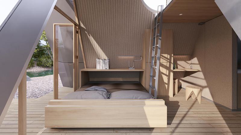 Dossier de presse | 7905-01 - Communiqué de presse | Camping House : vers un avenir durable du micrologement - Atelier Lune - Architecture résidentielle - Lit déplié - Crédit photo : Haohao Mao