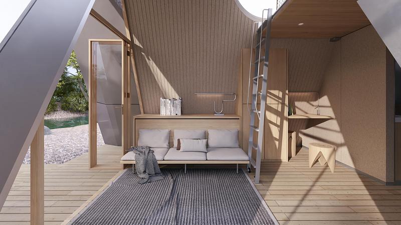 Dossier de presse | 7905-01 - Communiqué de presse | Camping House : vers un avenir durable du micrologement - Atelier Lune - Architecture résidentielle - Canapé replié - Crédit photo : Haohao Mao