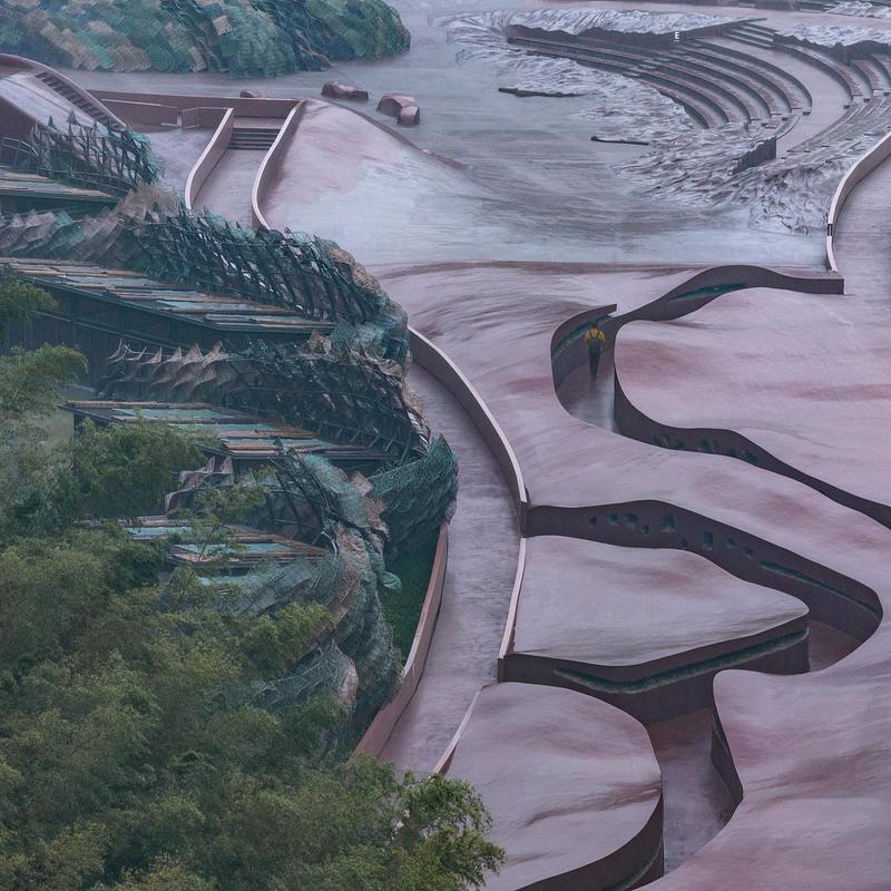 Press kit | 3524-07 - Press release | The Earth Valley Theater - GOA (Group of Architects) - Landscape Architecture - Aerial View of the Roaming Paths on a Rainy Day - Photo credit: ©CHEN Xi Studio