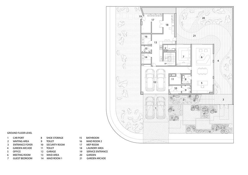 Press kit | 6235-01 - Press release | Split Mass Residence - K-Thengono Design Studio - Residential Architecture - Ground Floor Plan - Photo credit: K-Thengono Design Studio