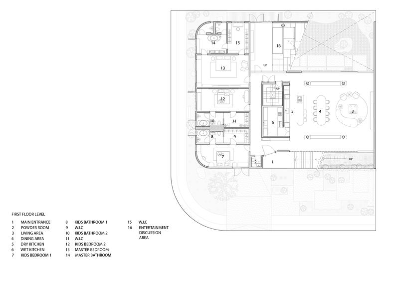 Press kit | 6235-01 - Press release | Split Mass Residence - K-Thengono Design Studio - Residential Architecture - First Floor Plan - Photo credit: K-Thengono Design Studio