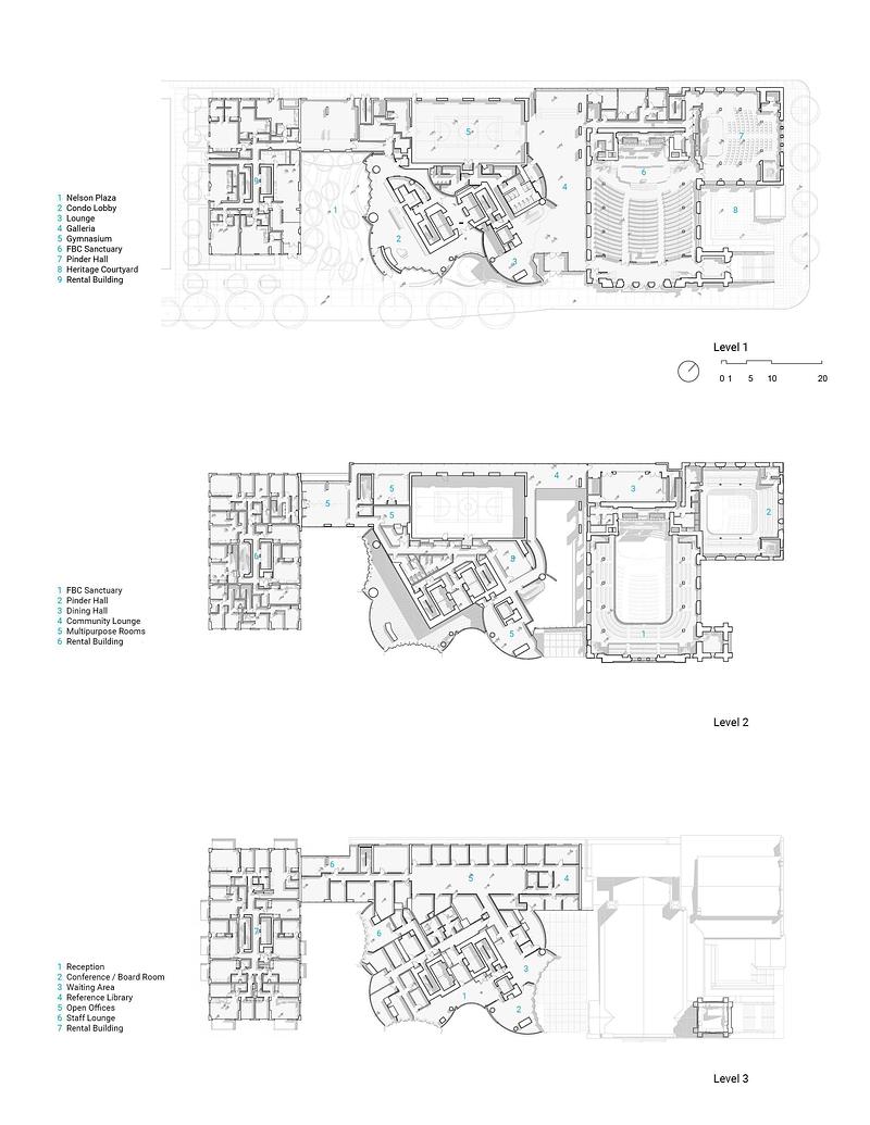 Dossier de presse | 2197-03 - Communiqué de presse | The Butterfly + First Baptist Church Complex - Revery Architecture - Architecture résidentielle - Level 1-3 Plan - Crédit photo : Revery Architecture