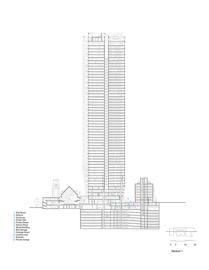 Dossier de presse | 2197-03 - Communiqué de presse | The Butterfly + First Baptist Church Complex - Revery Architecture - Architecture résidentielle - Full Complex Section - Crédit photo : Revery Architecture