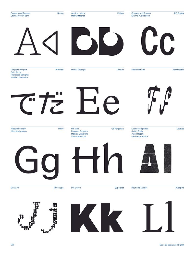 Dossier de presse | 748-55 - Communiqué de presse | Le Centre de design de l’UQAM présente ECAL Atlas Typographique - Centre de design de l'UQAM - Évènement + Exposition -  <p>Abécédaire des polices de caractères québécoises.</p> <p>Extrait de la publication de Louise Paradis, 15 ans de création typographique québécoise, École de design de l’UQAM, 2026, p. 14.</p>  - Crédit photo :  Louise Paradis et le Collectif 1440, École de design de l'UQAM  