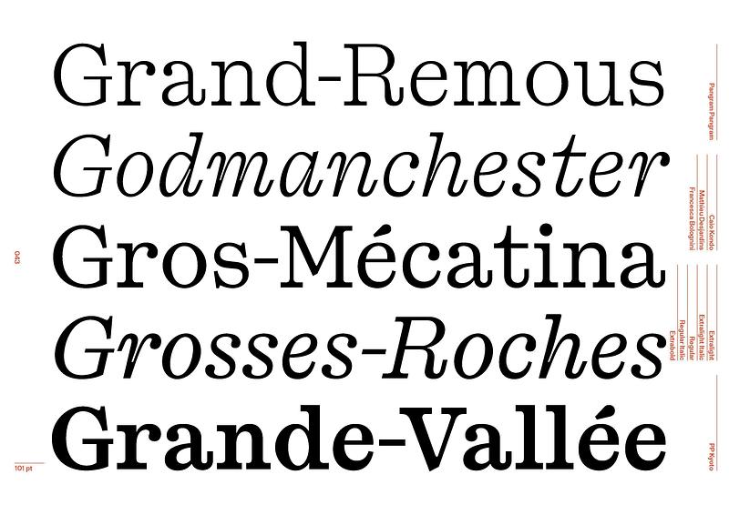 Dossier de presse | 748-55 - Communiqué de presse | Le Centre de design de l’UQAM présente ECAL Atlas Typographique - Centre de design de l'UQAM - Évènement + Exposition - Polices de caractères présentées dans l’exposition au Centre de design de l'UQAM à Montréal, issues de la sélection locale effectuée par Louise Paradis et le Collectif 1440, à partir d’un recensement de 600 typographies du Québec. - Crédit photo : Louise Paradis et le Collectif 1440, École de design de l'UQAM
