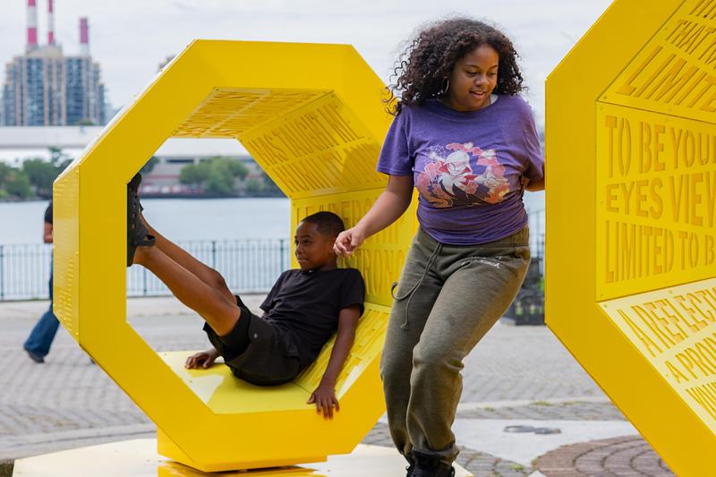 Press kit | 5595-13 - Press release | The Urban Conga Unveils “Revolving Voices” at New York Public Housing in Collaboration with Local Poet Tamra Cosby - The Urban Conga - Art - Each unit rotates to be reoriented for different experiences within the space.  - Photo credit: Charles Darr