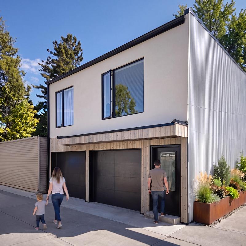 Dossier de presse | 2344-04 - Communiqué de presse | Three Homes on One Toronto Lot Create Room to Stay - baukultur/ca - Architecture résidentielle - Laneway home façade with cedar detailing, dark garage doors and corten planter. - Crédit photo : baukultur/ca