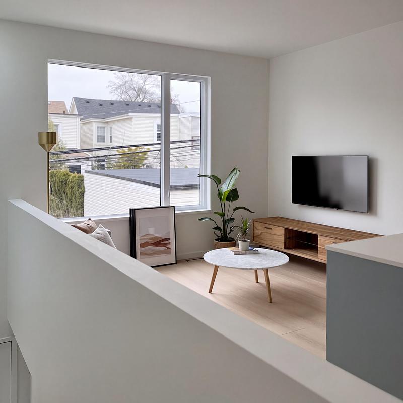 Dossier de presse | 2344-04 - Communiqué de presse | Three Homes on One Toronto Lot Create Room to Stay - baukultur/ca - Architecture résidentielle - Light-filled laneway home living room overlooking the neighbouring backyards and rooftops. - Crédit photo : baukultur/ca