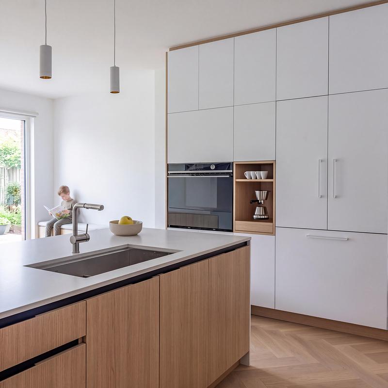 Dossier de presse | 2344-04 - Communiqué de presse | Three Homes on One Toronto Lot Create Room to Stay - baukultur/ca - Architecture résidentielle - Unit A kitchen pairs a 2-tone island with cesarstone water fall counter, white &amp; oak cabinetry and integrated appliances.<br style=""> - Crédit photo : Jack Gifford Photography