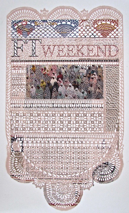 Dossier de presse | 1134-01 - Communiqué de presse | Papier14 - Foire d’art contemporain d’œuvres sur papier - L’Association des galeries d’art contemporain (AGAC) - Évènement + Exposition - Myriam Dion3 et 4 août 2013, 2013 Papier journal découpé, 56 x 33 cmGalerie Division (Montréal) - Kiosque #303