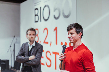 Press kit | 1171-01 - Press release | Fast approaching BIO 50 starts September 18th 2014 - Museum of Architecture and Design (MAO), Ljubljana - Event + Exhibition - Matevz Celik, director of Museum of Architecture and Design, and Jan Boelen, head curator of BIO 50, at BIO Kick-off event - Photo credit: Lucijan &amp; Vladimir