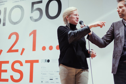 Press kit | 1171-01 - Press release | Fast approaching BIO 50 starts September 18th 2014 - Museum of Architecture and Design (MAO), Ljubljana - Event + Exhibition - Rianne Makkink, mentor to Affordable living team, and Jan Boelen, head curator of BIO 50, at BIO Kick-off event - Photo credit: Lucijan &amp; Vladimir