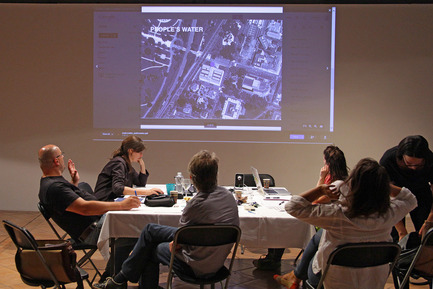 Press kit | 1171-01 - Press release | Fast approaching BIO 50 starts September 18th 2014 - Museum of Architecture and Design (MAO), Ljubljana - Event + Exhibition - Public Water – Public space team Skype meeting at MAO - Photo credit: Tomislav Vidovic