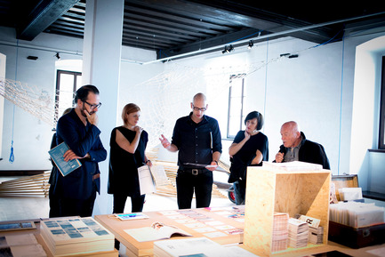 Press kit | 1171-03 - Press release | The Winners of the Best Collaboration Awards were revealed at the opening of BIO 50 - Museum of Architecture and Design (MAO), Ljubljana - Event + Exhibition - Konstantin Grcic, BIO 50 jury member (left), Tina Gregorič and Aljoša Dekleva, mentors of group Nanotourism (in the middle), Alice Rawsthorn and Sasa J. Maechtig, BIO 50 jury members (right), at project presentation - Photo credit: Ana Kovac/MAO