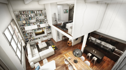 Dossier de presse | 1038-02 - Communiqué de presse | Le Nordelecdévoile l’intérieur de son premier penthouse - Condos Nordelec - Design d’intérieur résidentiel -    	 		 		 	 	 		 			 				 					NIVEAU 1 et MEZZANINE (3D)<br> 	   - Crédit photo : Nordelec