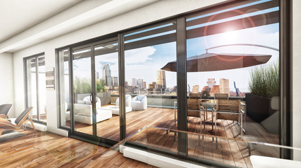 Dossier de presse | 1038-02 - Communiqué de presse | Le Nordelecdévoile l’intérieur de son premier penthouse - Condos Nordelec - Design d’intérieur résidentiel -  SÉJOUR et TERRASSE PRIVÉE&nbsp;(3D) - Crédit photo : Nordelec
