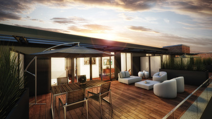 Dossier de presse | 1038-02 - Communiqué de presse | Le Nordelecdévoile l’intérieur de son premier penthouse - Condos Nordelec - Design d’intérieur résidentiel -  TERRASSE PRIVÉE&nbsp;(3D) - Crédit photo : Nordelec