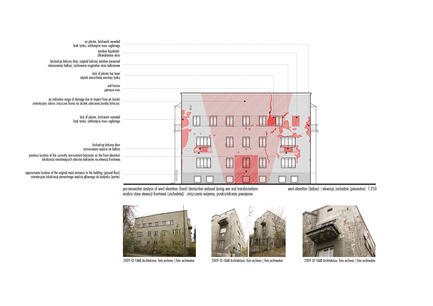 Press kit | 1139-03 - Press release | Foundation for Polish Science Headquarters - FAAB Architektura - Commercial Architecture - Pre-renovation analysis of west elevation (front) destruction endured during war and transformations - Photo credit: © FAAB Architektura