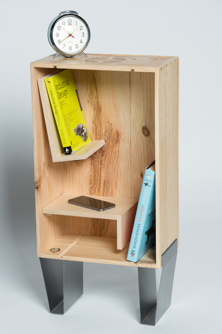 Press kit | 884-04 - Press release | HEC Project 2014 Edition - Faculté d'aménagement de l'Université de Montréal - Industrial Design - QV<br><br>QV is a storage cabinet with swivelling shelves. It is made form wooden wine boxes wich have travelled from Europe. This adds a different personnality to each and every one of the cabinets. The Legs are from folded steel and are assembled to the cabinet with a designated groove to insert the leg.<br><br>André Allard<br>Isabelle Messier<br>Sarah Noël<br>Geneviève St-Pierre<br> - Photo credit: Olivier Ouimet 2014 - www.olivierouimet.com