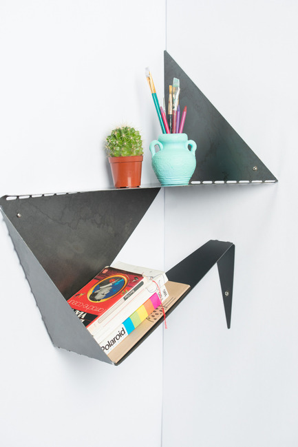 Press kit | 884-04 - Press release | HEC Project 2014 Edition - Faculté d'aménagement de l'Université de Montréal - Industrial Design - Fold<br><br>Fold is a shelf made of raw steel sheet exploiting the unused space of the wall corner. It folds in hand through the perforations, which characterizes and gives it an industrial look, while involving the consumer. Once folded, you get two storage shelves that create dynamism in the corner of a room.<br><br>Florence Boulianne<br>Justine Cossette-Levasseur<br>Catherine Dimitri<br> - Photo credit: Olivier Ouimet 2014 - www.olivierouimet.com