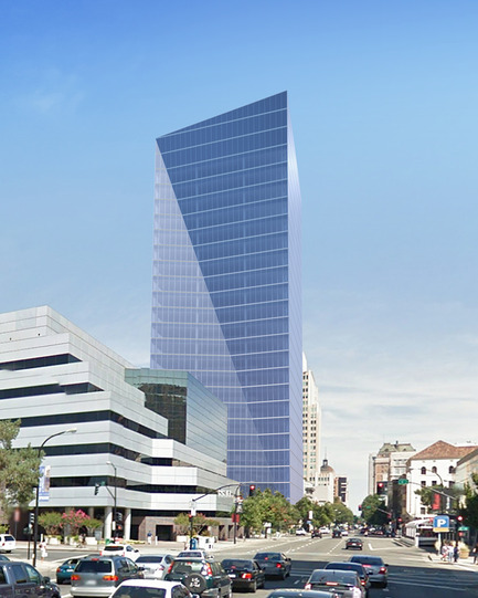 Dossier de presse | 1204-02 - Communiqué de presse | Pei Cobb Freed & Partners Designs an Iconic Tower for Downtown Sacramento - Pei Cobb Freed & Partners - Architecture commerciale - View east along J Street. The tower’s triangular faces create a subtle play of light and shadow. &nbsp; - Crédit photo : Pei Cobb Freed &amp; Partners