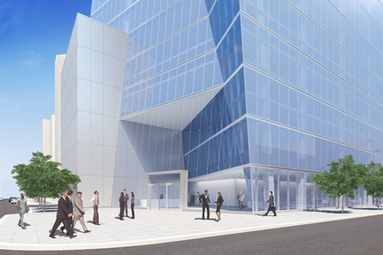Dossier de presse | 1204-02 - Communiqué de presse | Pei Cobb Freed & Partners Designs an Iconic Tower for Downtown Sacramento - Pei Cobb Freed & Partners - Architecture commerciale - The podium base projects beyond the tower to define a generous entry plaza at the southwest corner. - Crédit photo : Pei Cobb Freed &amp; Partners