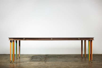 Press kit | 1604-01 - Press release | Design Days Dubai 2015 - Gallery Announcement - Design Days Dubai - Event + Exhibition -   Adam Goodrum, birdsmouth table, wenge &amp; blockwood, leather, brass, marble   - Photo credit: Courtesy of Broached Commissions