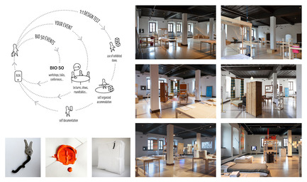Press kit | 1654-01 - Press release | nanotourism - nanotourism international research team - Event + Exhibition -  nanotourism, case study: BIO50}hotel, Ljubljana, Slovenia<br>exhibition hotel<br><br>top left: process diagram, multiple levels of active guests' participation<br>lower left: BIO50}hotel kit: keys, welcome letter and goodnight guest pack<br> right column: selection of &nbsp;space evolution moments, first line Studio Superfluo + Sustainable Making, second line Stefan Alber, third line Lanificio Leo and Gianluca Seta. - Photo credit: Stefan Alber, Alessandro Fonte, Silvia Susanna