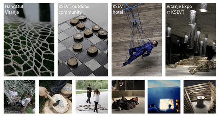 Press kit | 1654-01 - Press release | nanotourism - nanotourism international research team - Event + Exhibition -   nanotourism, case study: AA Visitng School Slovenia, Vitanje, Slovenia<br>nanotouristic strategies&nbsp;<br><br>first line, from left to right: XL lace hammock, public outdoor chessboard, lievitating suit, flexible wooden displayer system<br>second line: relaxing time on the XL lace hammock, working time, play time in the outdoor chess board, testing the 3D sleeping, kinoKSEVT outdoor public cinema, a possible configuration of the local wooden slats<br><br>  - Photo credit: Ajda Schmidt