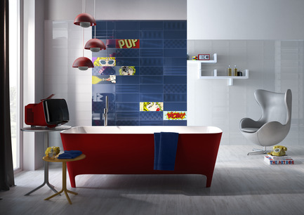 Press kit | 1606-01 - Press release | A new tile collection inspired by the Pop Art of Roy Lichtenstein - Ceratec - Product - Bathroom - Tiles showned: POP F &amp; W, Cool F and Cartoon mix   - Photo credit:  POP Series By Ceratec 